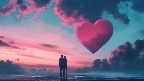 Silhouetted Couple Beneath a Glowing Pink Heart Sky.