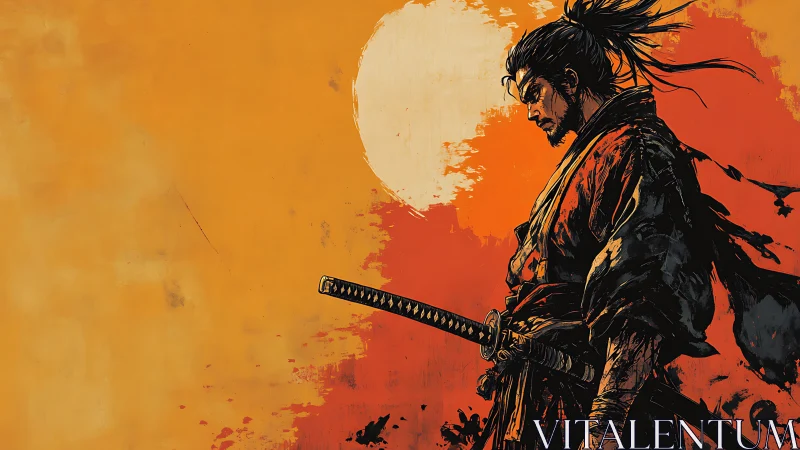 Solitary samurai profile against textured sunlit ochre sky.