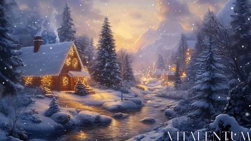 Snowy mountain village glows with warm holiday cabin lights.
