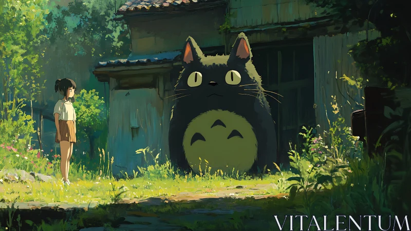 Girl and large forest creature in sunlit rural yard.