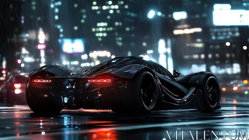 Midnight hypercar stalking neon streets in cinematic rain.