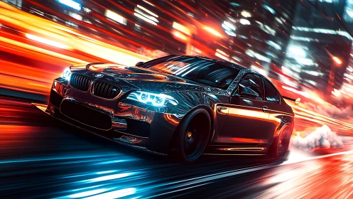 Neon storm sedan slicing through electric city midnight streets.