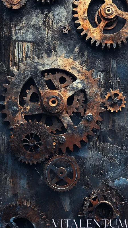 Weathered metal gears turn quietly in a rustic steampunk wall