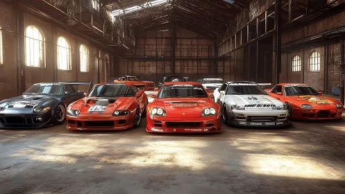 Track-prepped tuner coupes aligned in sunlit industrial hangar.