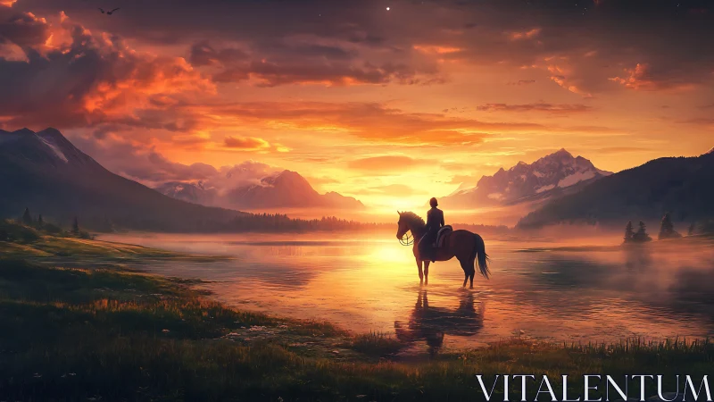 Rider and horse greeting a glowing mountain lake sunrise.