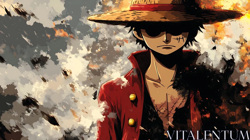 High contrast anime portrait dissolving into abstract smoke and fire