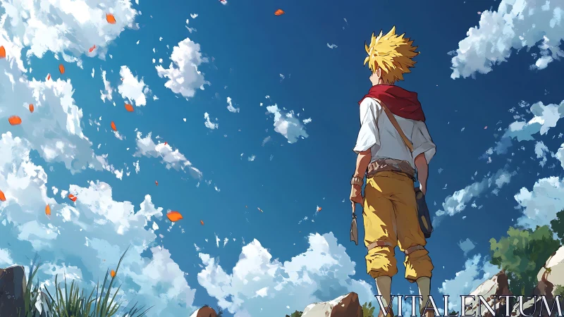 Boy stands on sunlit hill under deep blue sky and clouds