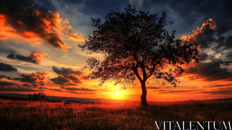 Solitary tree silhouettes against a high-saturation sunset sky