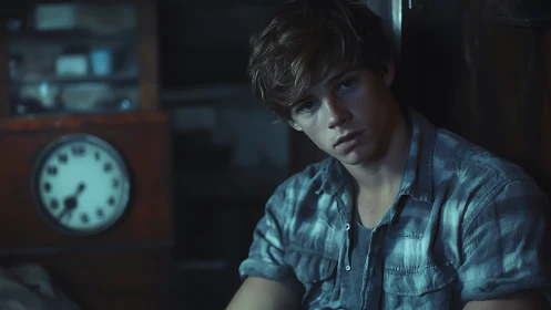 Young male subject in dim interior near vintage wall clock.