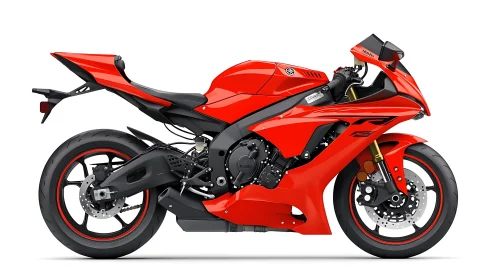 Side-profile red supersport motorcycle with fairings and disc brakes