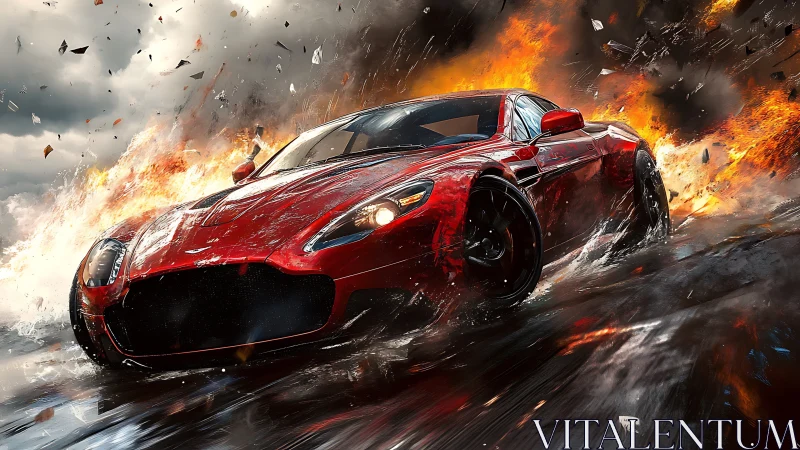 Crimson supercar bursts through fire, riding a storm of speed.