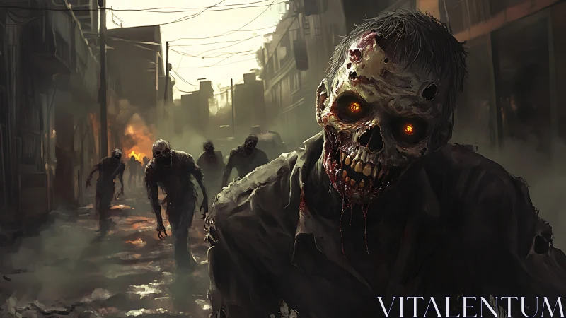 Zombie horde advancing through burning urban alley at dusk.