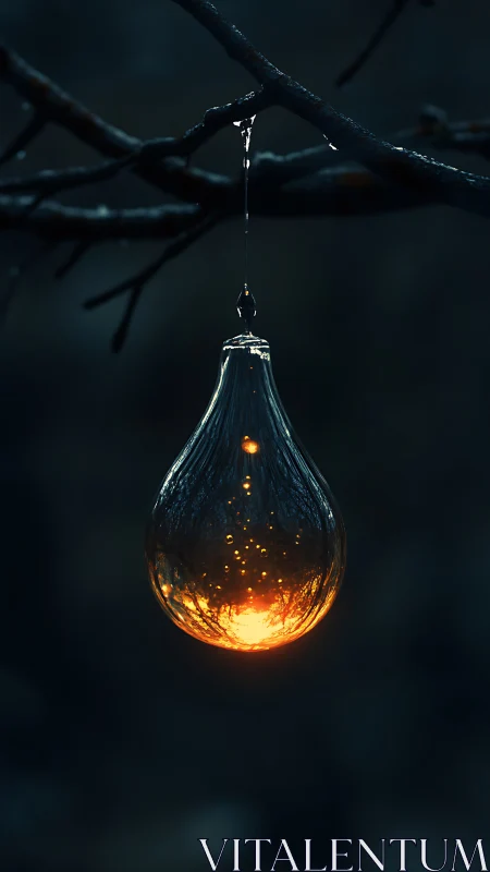 Illuminated droplet suspended from dark winter branch at dusk.