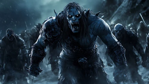 Undead warlord leads frostbitten horde through blizzard night.