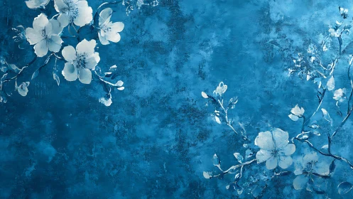 White blossoms spread across textured blue abstract field