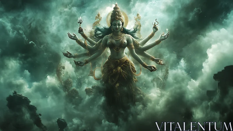 Majestic multi armed goddess rises calmly through swirling clouds
