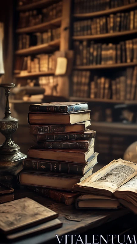Antique leather books stacked in warm vintage library.