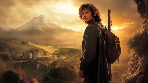 Elf traveler overlooking misty valley and ruined citadel.