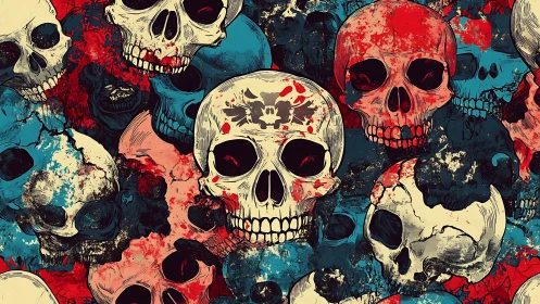 Skull cluster mural in grunge red and cyan splatter style.