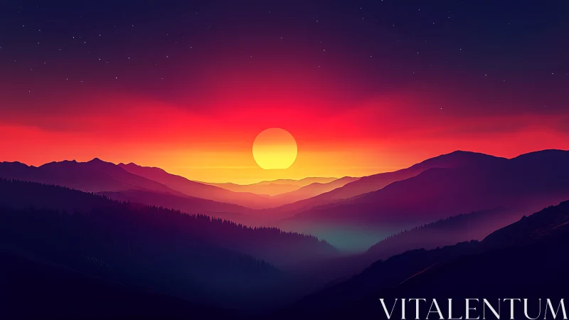 Radiant neon sunset over layered digital mountain ranges.