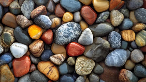 Colorful wet river pebbles form dense textured surface