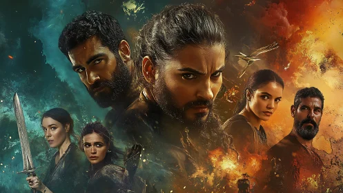 Storm-eyed warriors in a twin‑fire sky of destiny.