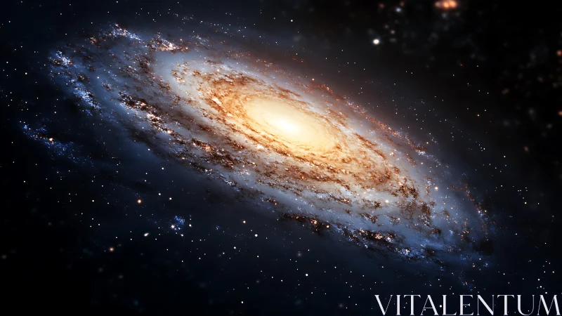 Spiral galaxy with bright core and dense star field in space.