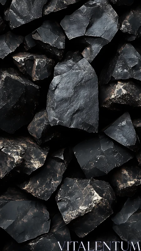 Close-up view of stacked dark rocks with rough textures.
