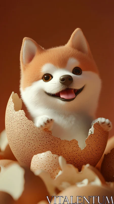 Playful puppy hatches from speckled egg in warm light