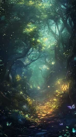 Magical forest interior with bioluminescent trees and glowing insects