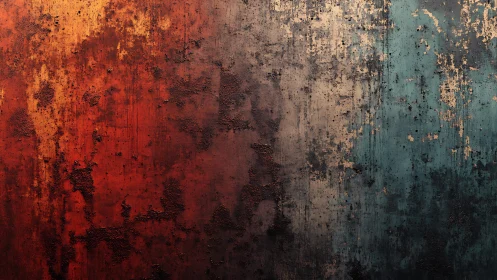 Abstract grunge wall texture in warm red and cool teal tones.