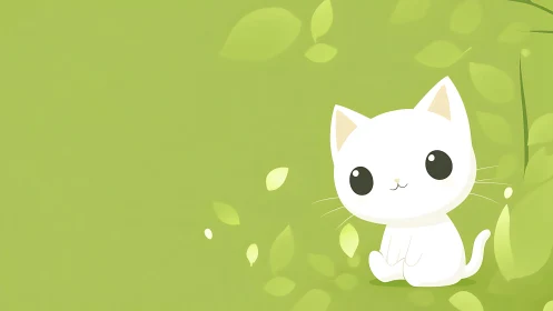 Adorable white cat illustration on green leaf background.