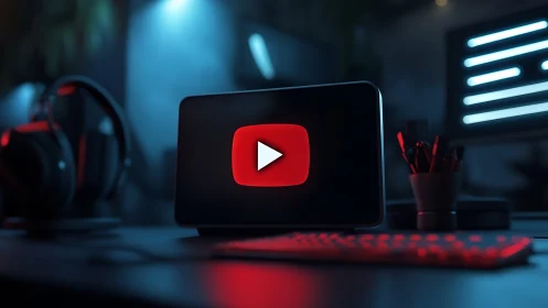 Neon-lit desktop tablet displaying red play button interface.