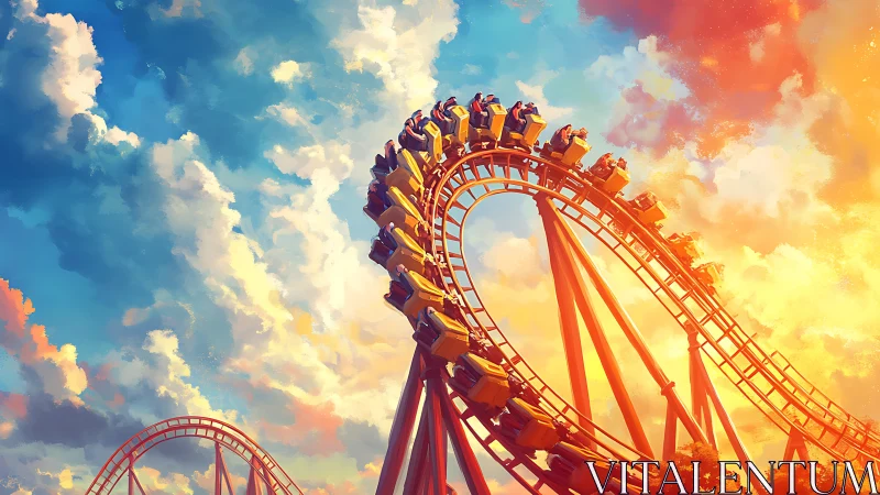 Sunlit roller coaster arcs through a vivid, painted sky