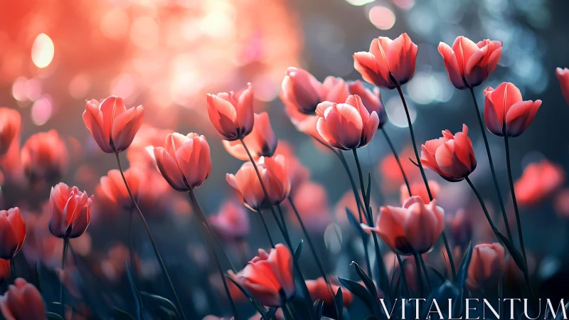 Red tulips exhibit shallow depth of field with warm chromatic separation in backlighting.