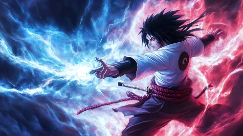 Storm-wreathed anime warrior unleashes twin elemental blast.