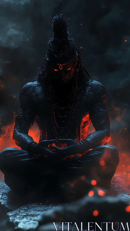 Dark meditating figure with glowing lava-like body sits still