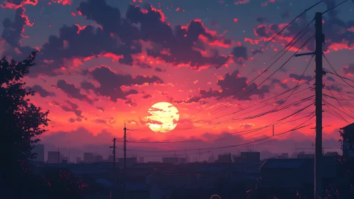 Urban skyline with power lines under dense red sunset clouds.