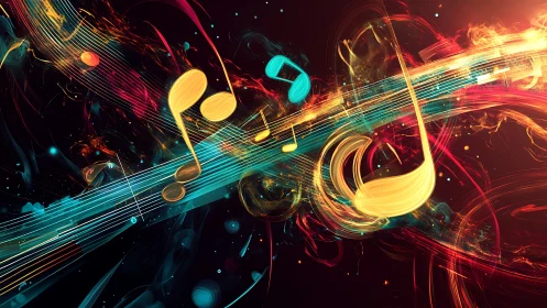Vibrant digital music notes swirling through neon light trails.