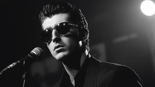 Monochrome male vocalist in stage spotlight with mic.