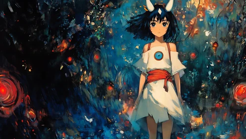 Forest storm curls around the quiet-eyed spirit girl