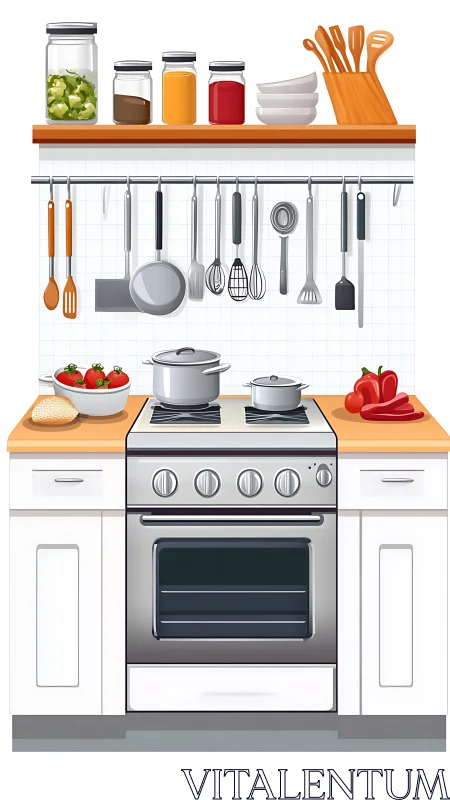 Modern stove with cookware, utensils and countertop food items.