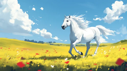 Dynamic white stallion rendered in vibrant pastoral digital painting