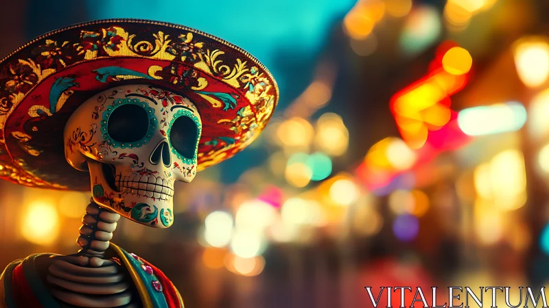 Vibrant calavera skeleton in ornate sombrero at night festival