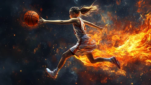 Basketball player soars through space trailing blazing fire.