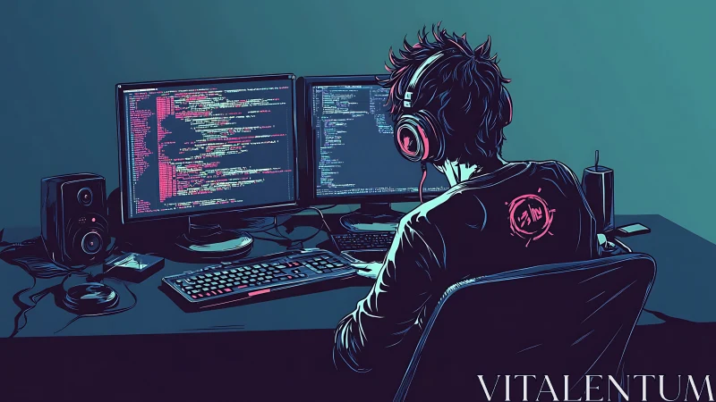 Neon-lit programmer at dual monitors in stylized workspace.
