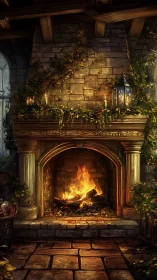 Grand Stone Fireplace with Active Fire and Autumn Foliage
