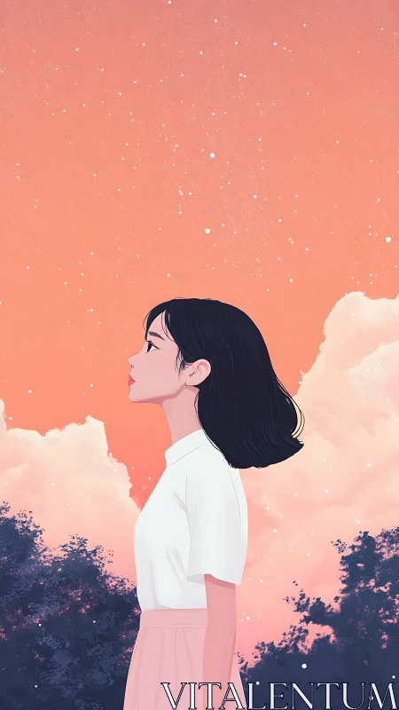 Girl quietly daydreams beneath a glowing peach sky