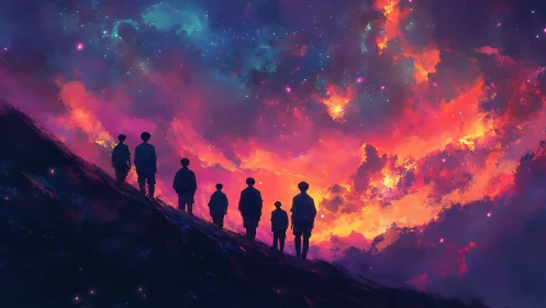 Friends on a hillside watching the sky catch fire with stars.