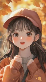 Autumn daylight portrait of anime girl in cap with warm bokeh